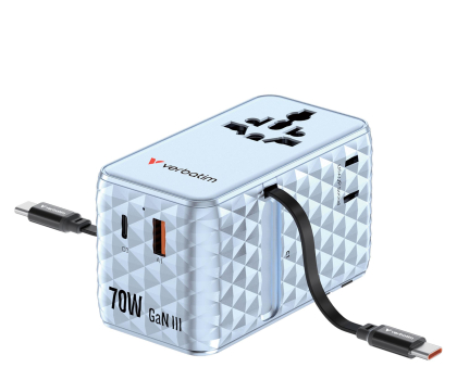 Ładowarka i akumulator VERBATIM Charge ’n’ Travel 70W 2C retractable Universal Adapter blue 30187